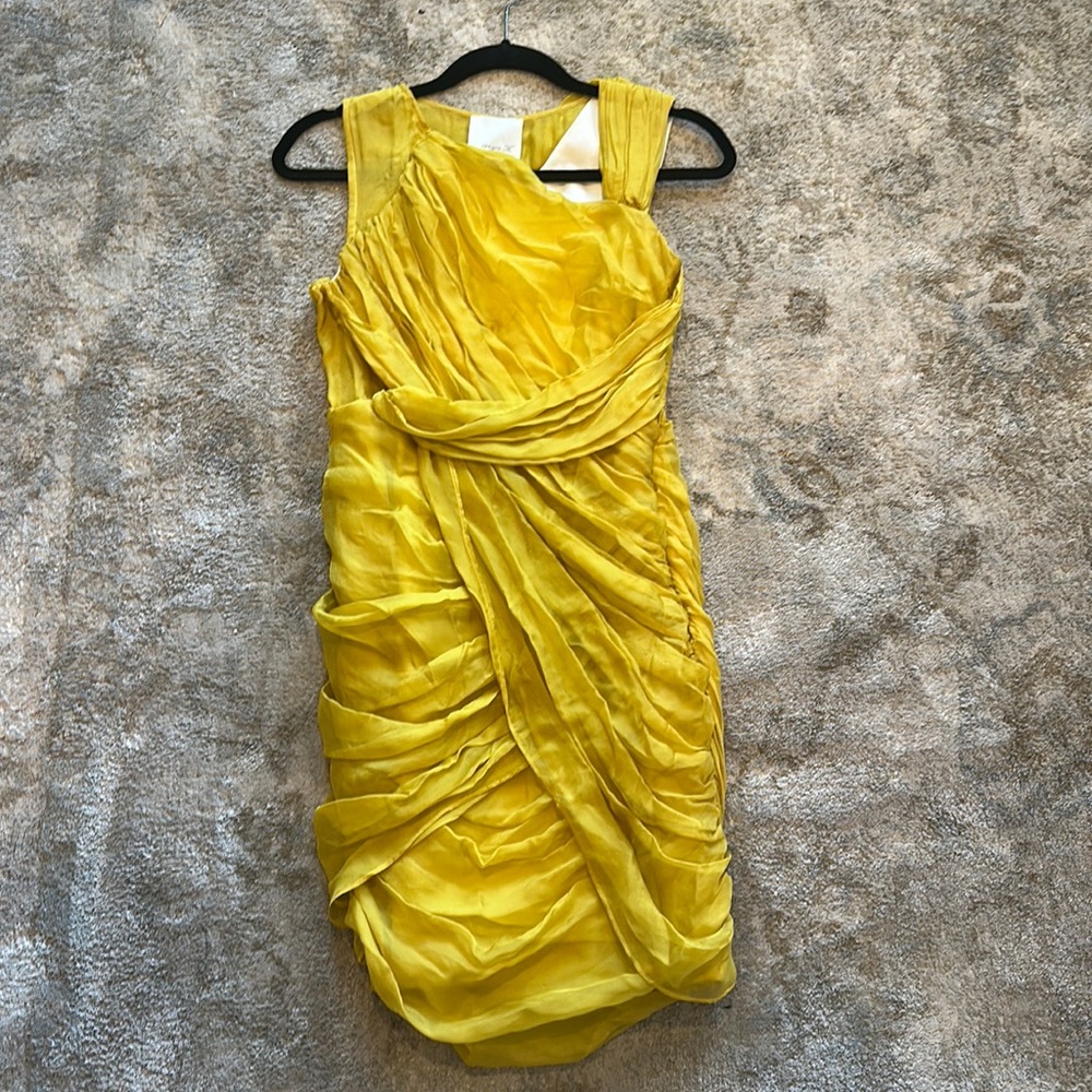 Aryn K draped chartreuse yellow dress